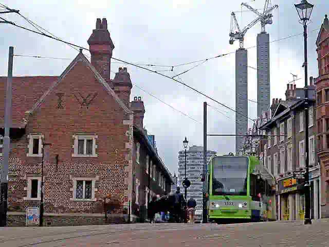 tram and almhouses in central croydon