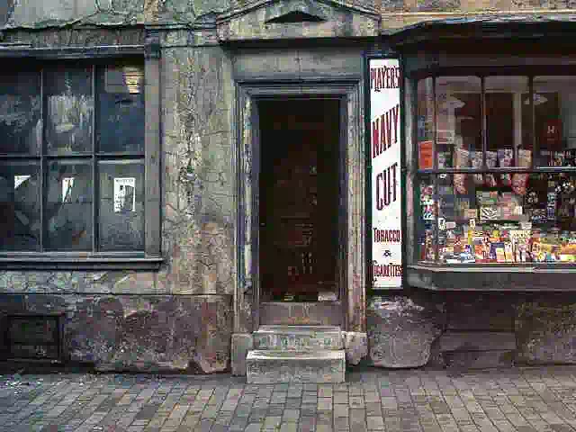 front of an old decaying shop